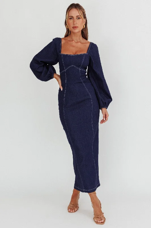 Bay Side Long Sleeve Denim Midi Dress Indigo