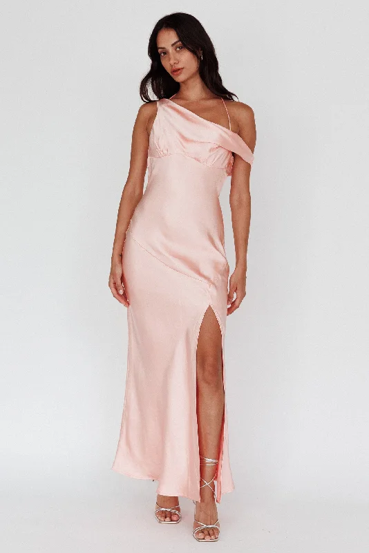 Etienne Off-Shoulder Halter Midi Dress Shimmer Pink