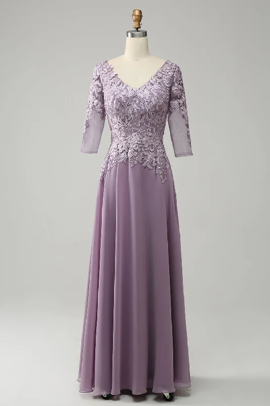 Grey Purple Chiffon Mother of the Bride Dress with Lace