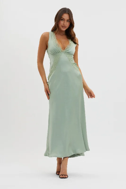 Ivonne Lace Trim V-Neck Maxi Dress Sage