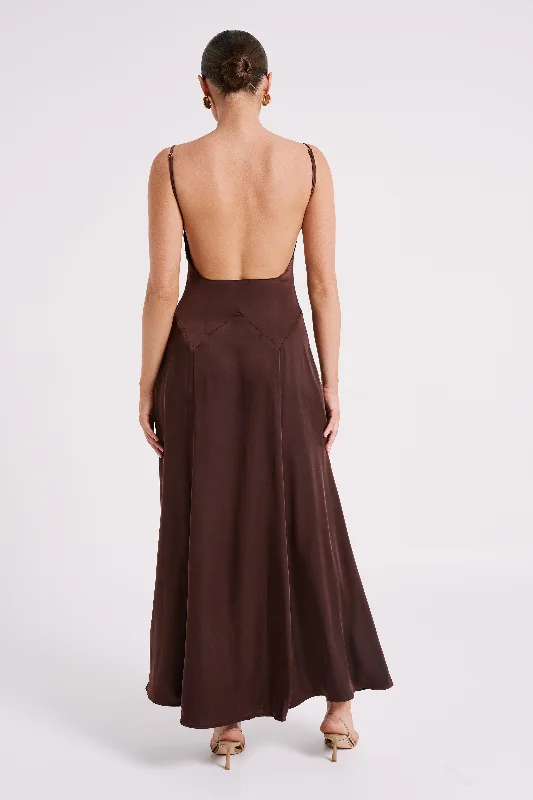 Kamala Low Back Satin Maxi Dress - Dark Chocolate