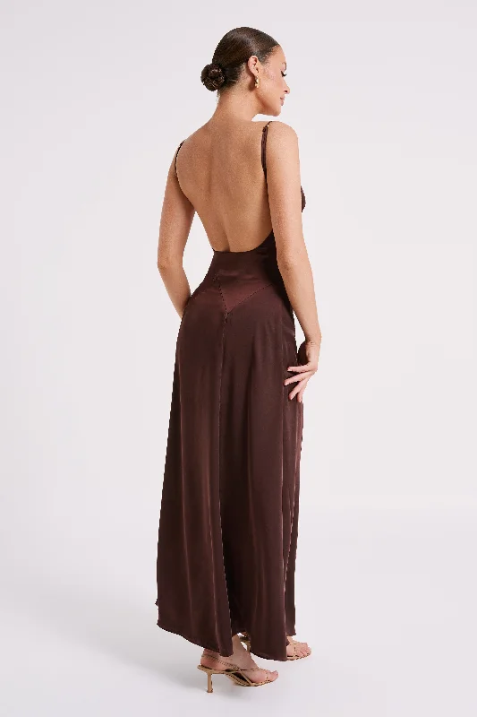 Kamala Low Back Satin Maxi Dress - Dark Chocolate