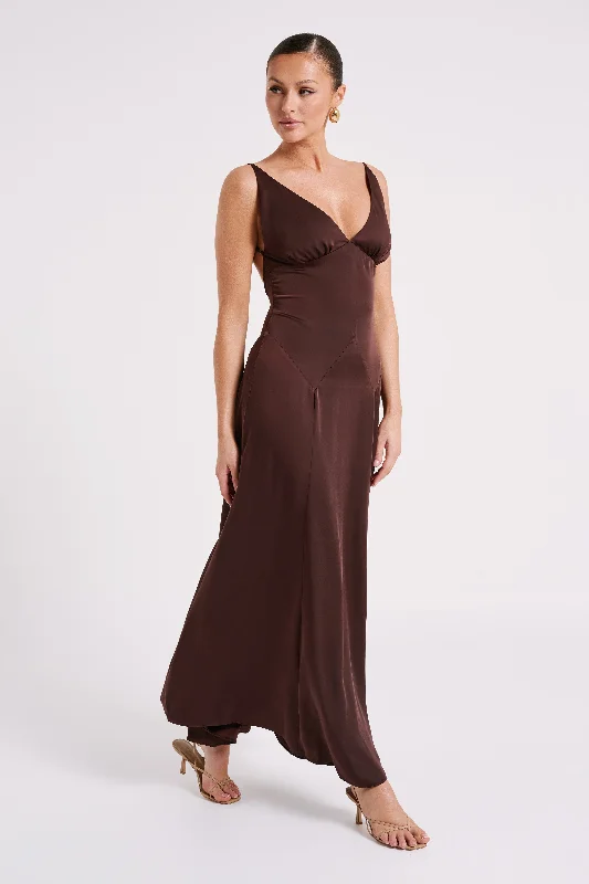 Kamala Low Back Satin Maxi Dress - Dark Chocolate