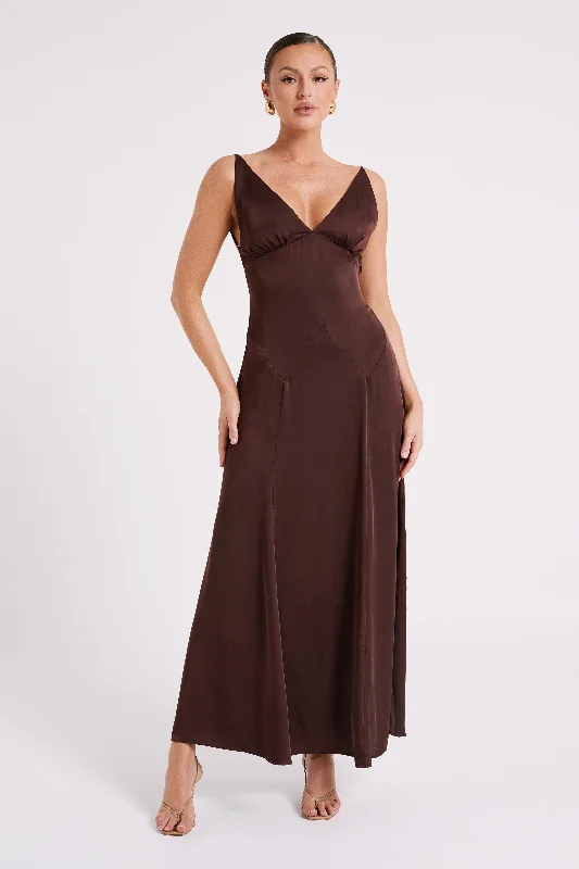 Kamala Low Back Satin Maxi Dress - Dark Chocolate