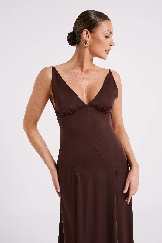 Kamala Low Back Satin Maxi Dress - Dark Chocolate