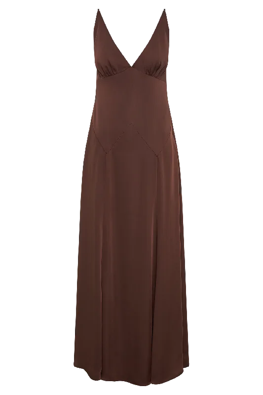 Kamala Low Back Satin Maxi Dress - Dark Chocolate