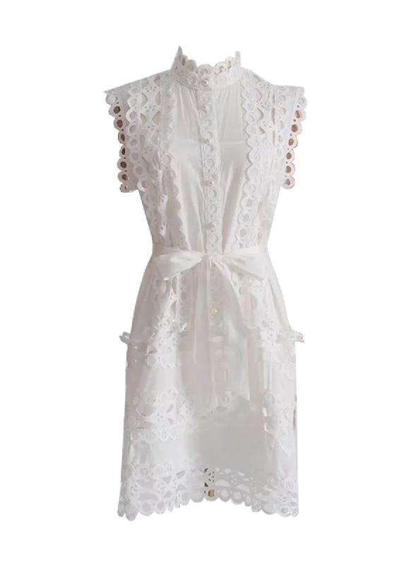 8230031 Lace Trimmed Belted Dress *White *Last Piece