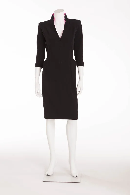 Original Alexander McQueen - Black 3/4 Sleeve V Neck Dress with Pink Trim - IT 40