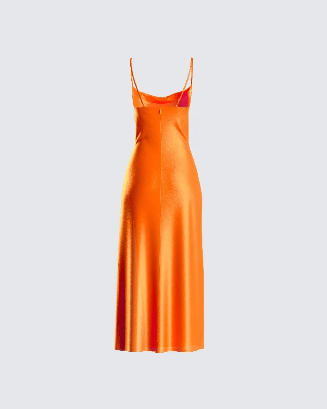 Alina Orange Satin Midi Dress