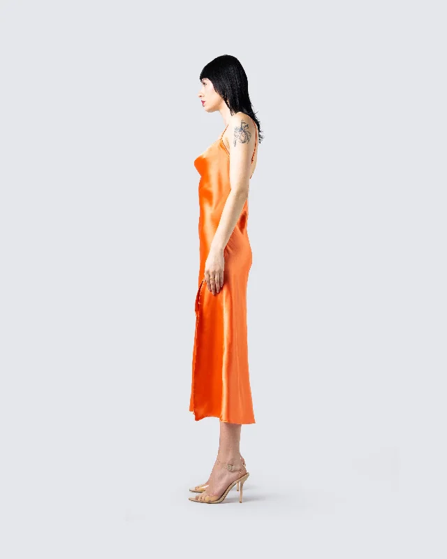 Alina Orange Satin Midi Dress