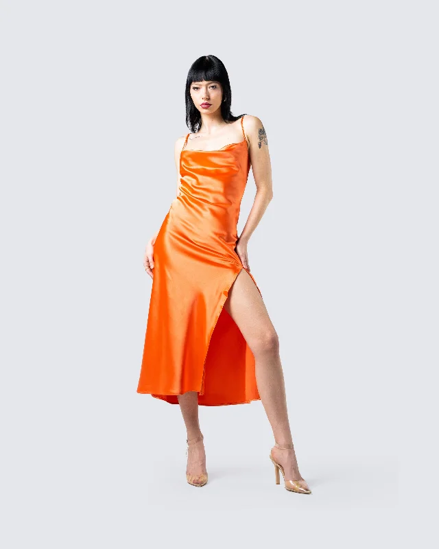 Alina Orange Satin Midi Dress