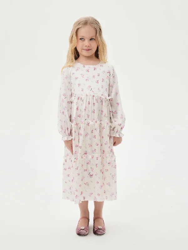 ALISA, CHILDREN’S DRESS MILKY WITH CRIMSON ROSE PRINT