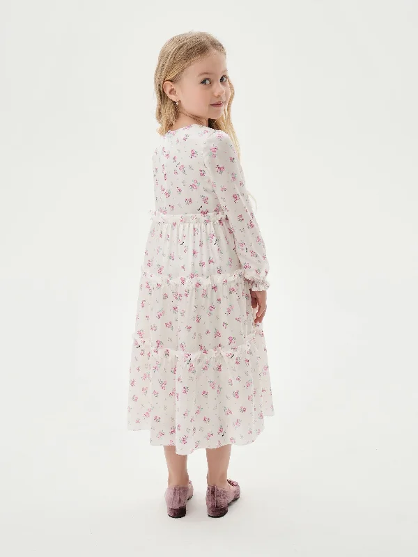 ALISA, CHILDREN’S DRESS MILKY WITH CRIMSON ROSE PRINT