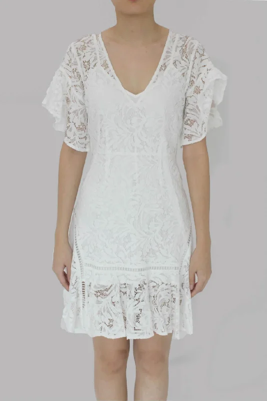 Livia Ruffled Sleeve Lace Dress White