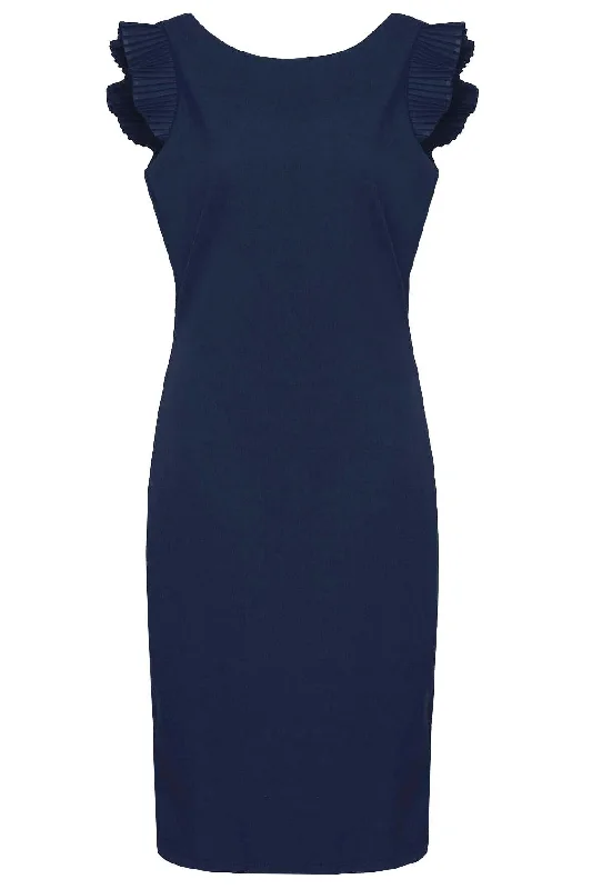 Pleated Shoulder Dress With Back Drape Navy