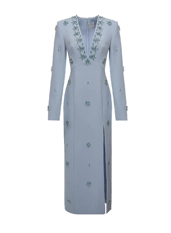 AURORE DRESS SKY BLUE EMBELLISHED CREPE