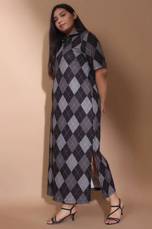 Black And Grey Argyle Side Slit Long Dress