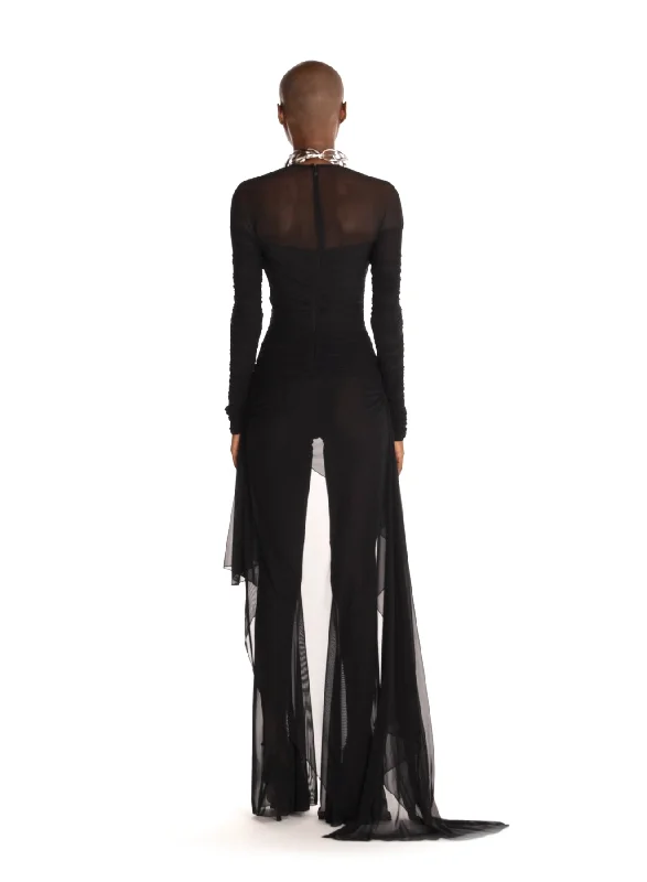 black draped mesh jumpsuit