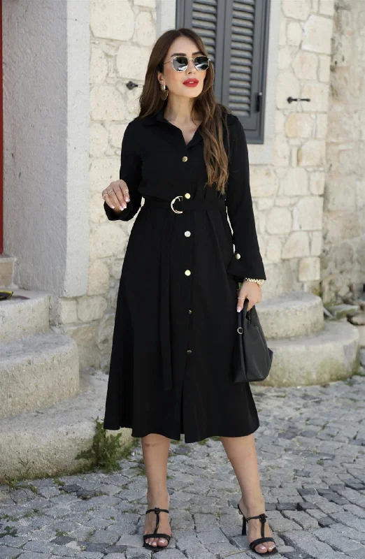 Black Gold Buttoned Shirt Dress