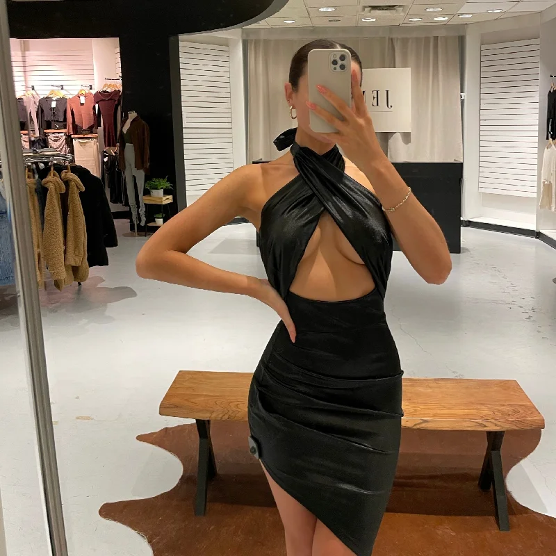 Black Stretch Satin Halter Dress