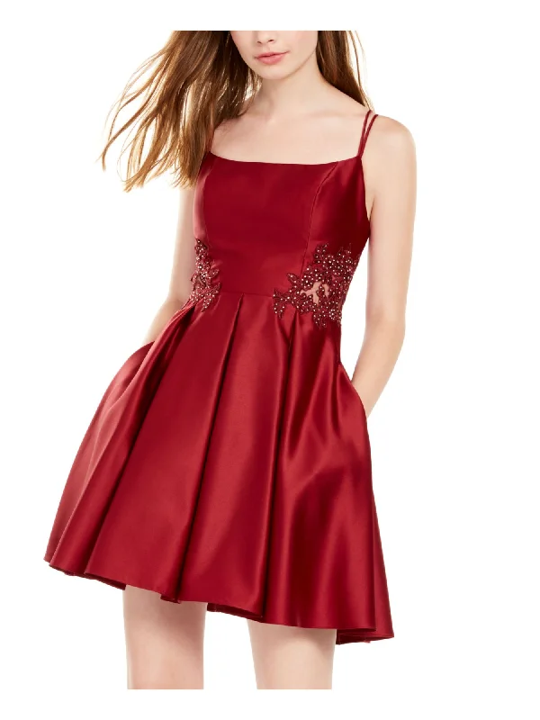 Blondie Nites Women's Spaghetti Strap Square Neck Short Cocktail Fit Flare Dress Red Size 3