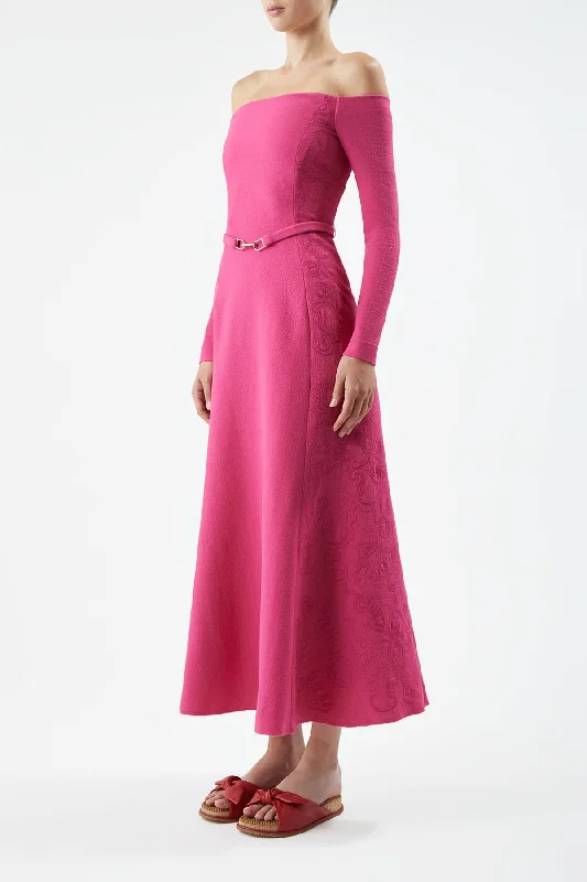 Carole Embroidered Dress in Fuchia Virgin Wool Crepe