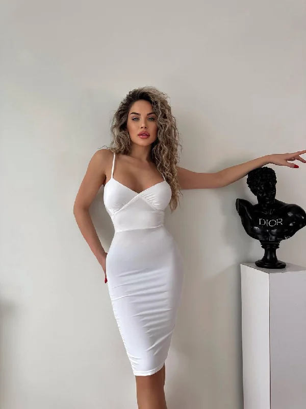 CHEST SUPPORT WHITE PEN MIDI DRESS