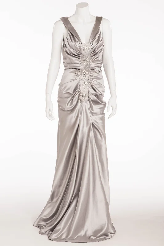 Christian Dior - Elegant Silver Satin Gown with Embellishments and Ruching  - FR 40