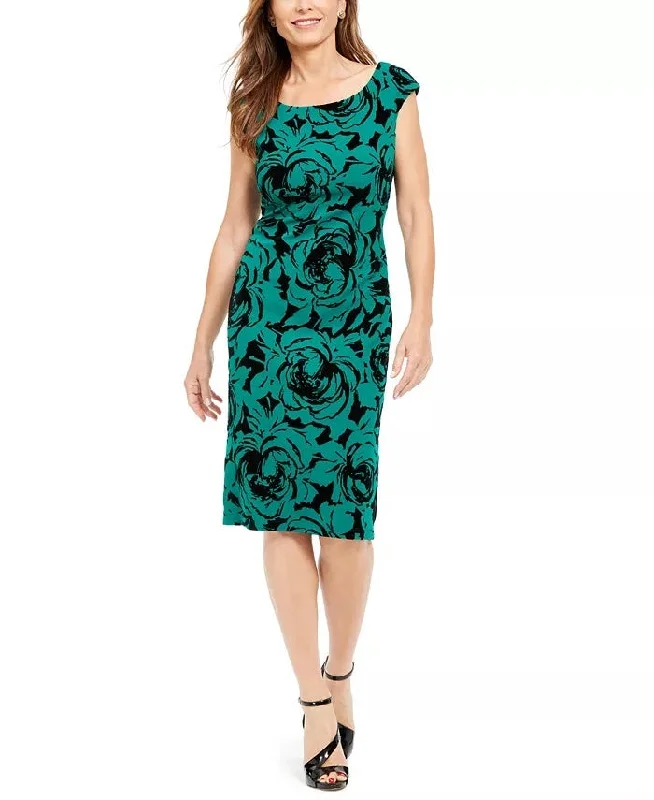 Connected Women's Petite Flocked Velvet Sheath Dress Bright Green Size 8 P