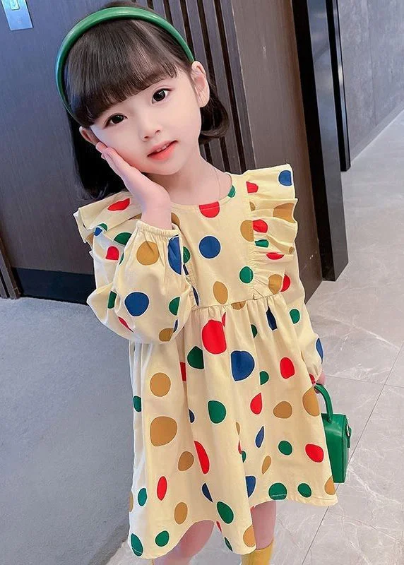 Cute Khaki Ruffled Print Cotton Girls Robe Dresses Long Sleeve XZ096