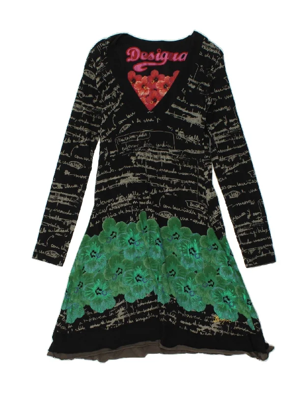 DESIGUAL Womens Graphic Long Sleeve A-Line Dress UK 12 Medium Black Floral