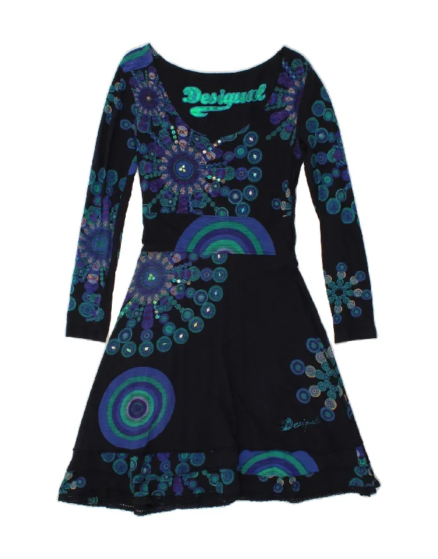 DESIGUAL Womens Graphic Long Sleeve A-Line Dress UK 8 Small Navy Blue