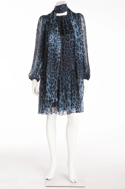 Dolce & Gabbana - Blue and Black Long Sleeve Leopard Dress - IT 42