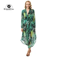 Eileen Elisa Asymmetrical Dress Runway Printed Dresses Long Sleeve Ankle Length Dress Women