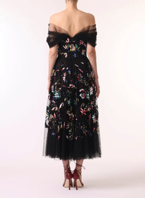 EMBROIDERED TULLE OFF THE SHOULDER COCKTAIL DRESS