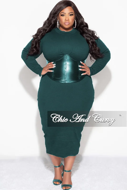 Final Sale Plus Size Faux Leather Corset Waist Midi Dress in Green