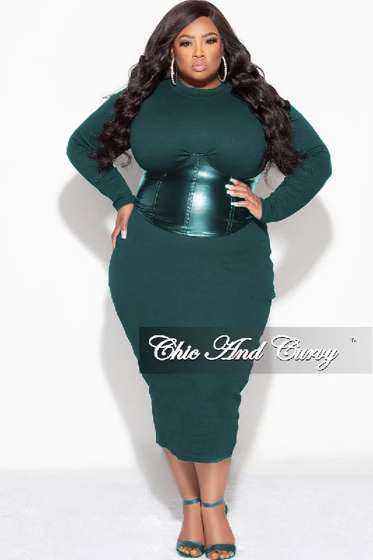 Final Sale Plus Size Faux Leather Corset Waist Midi Dress in Green