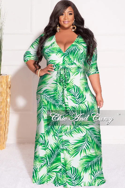 Final Sale Plus Size Faux Wrap Dress in White and Green Palm Print