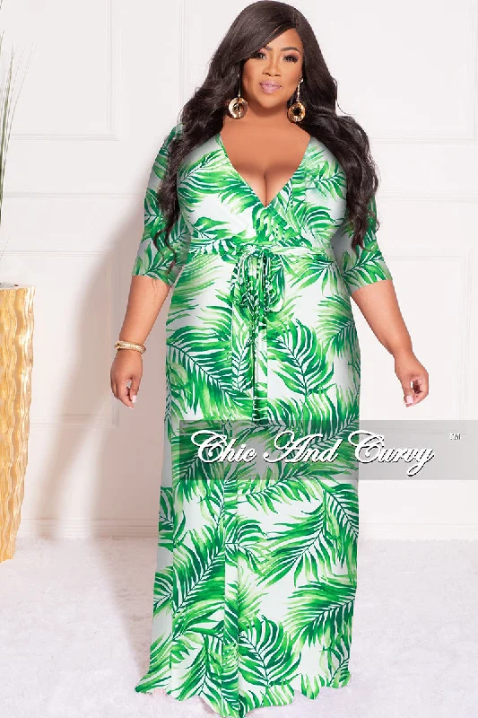 Final Sale Plus Size Faux Wrap Dress in White and Green Palm Print