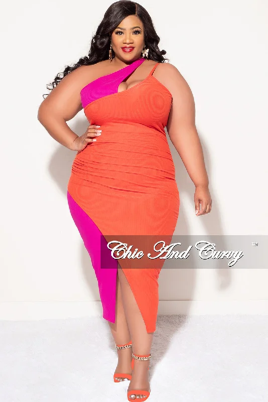 Final Sale Plus Size Sleeveless Double Spaghetti Strap Ribbed BodyCon Dress in Tomato Red & Fuchsia