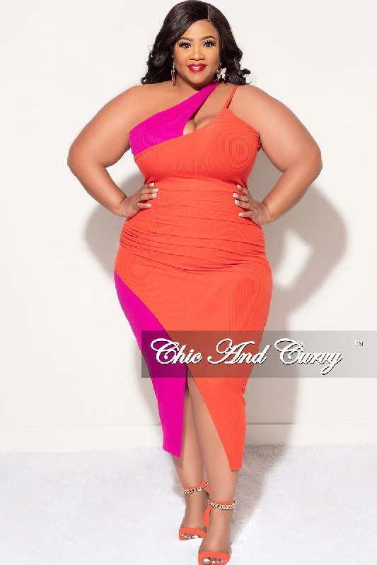 Final Sale Plus Size Sleeveless Double Spaghetti Strap Ribbed BodyCon Dress in Tomato Red & Fuchsia