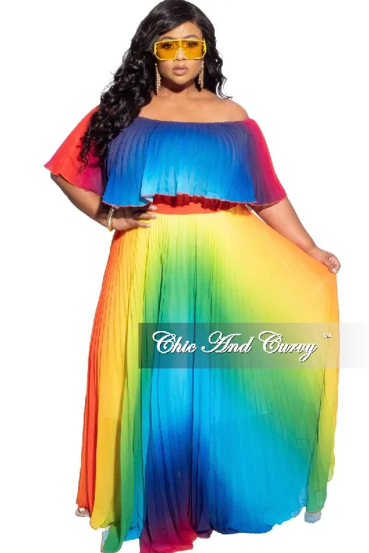 Final Sale Plus Size Strapless Chiffon Pleated Long Dress in a Rainbow Print