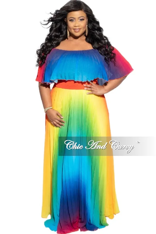 Final Sale Plus Size Strapless Chiffon Pleated Long Dress in a Rainbow Print