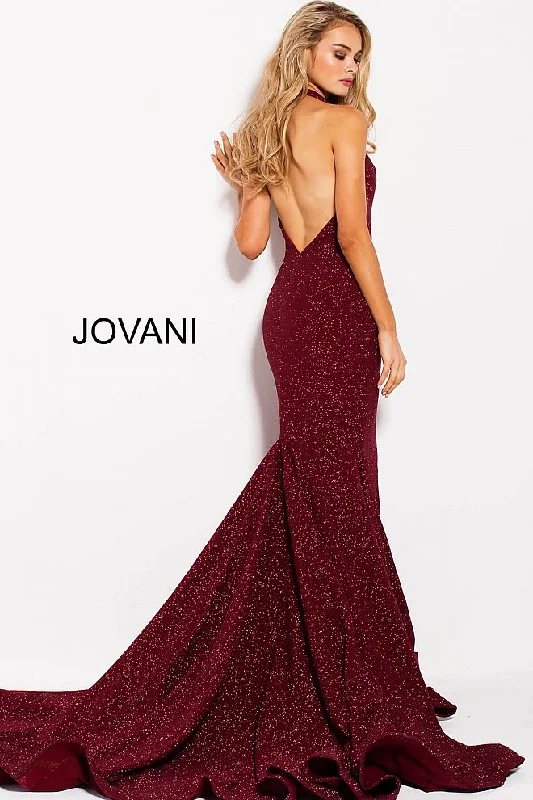 Halter Plunging Neck Prom Dress - Wine