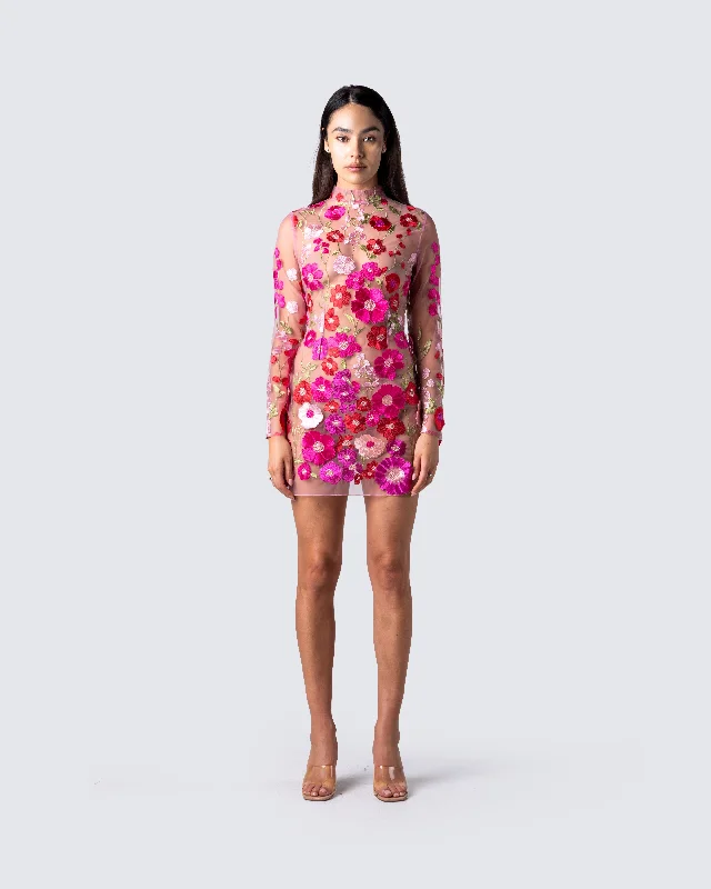 Flora Pink Flower Mini Dress