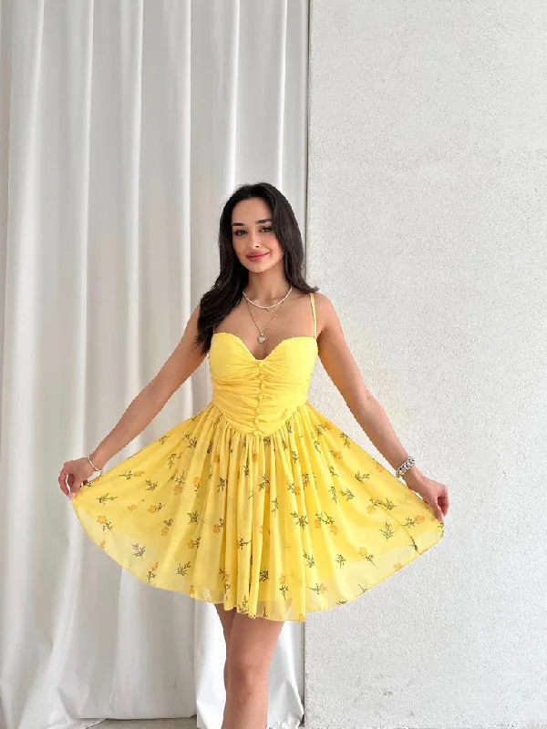 Floral Patterned Thin Strap Dream Dress 4290 - Yellow