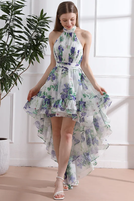 Halter High Neck Floral Print Chiffon High Low Dress