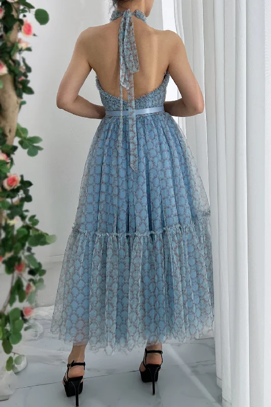 Halter Blue Print Tulle Midi Dress 2023104