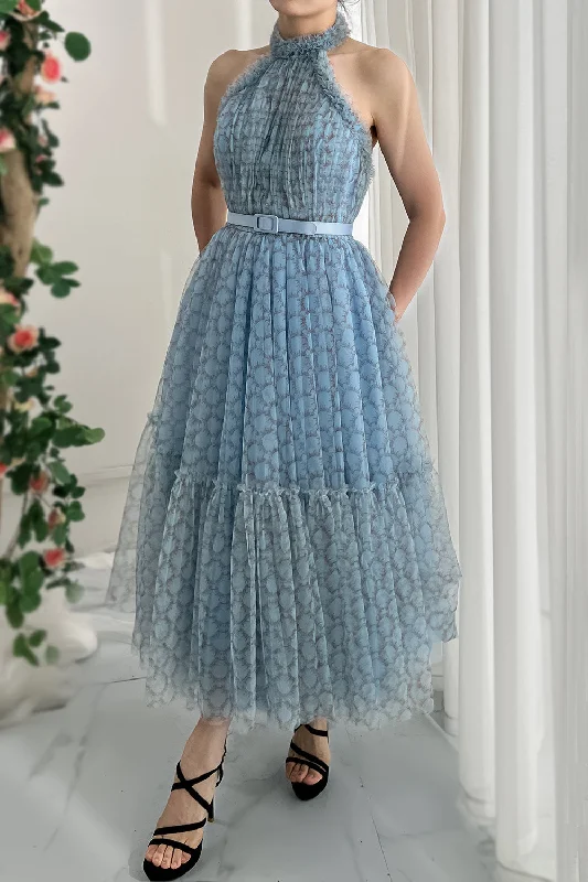 Halter Blue Print Tulle Midi Dress 2023104