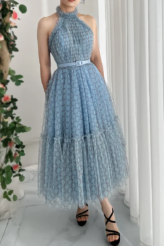 Halter Blue Print Tulle Midi Dress 2023104